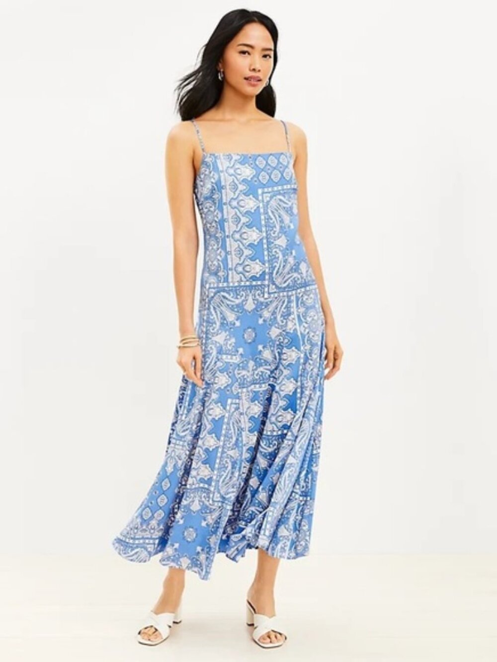 LOFT Bandana Print Cloud Blue Slip Dress w/ Square neck line Size 0P